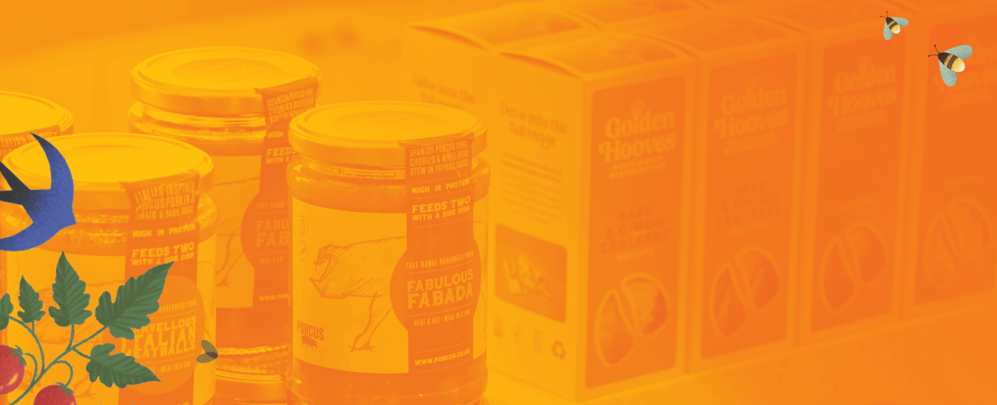 Jars and packets of food on shelf with orange overlay