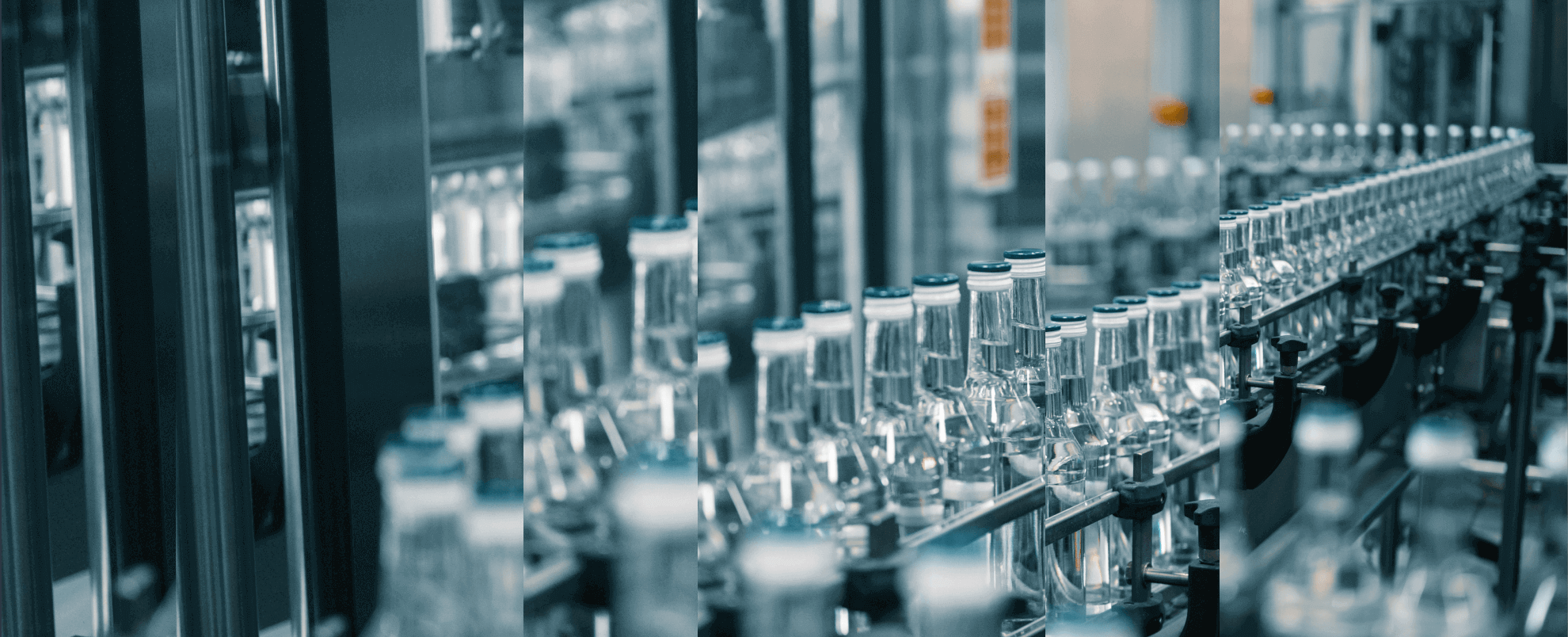 Glass bottles on a conveyor belt in a factory