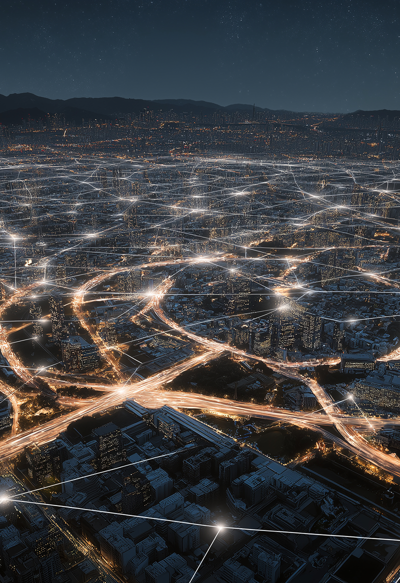 City at night displaying the lights on and light connections