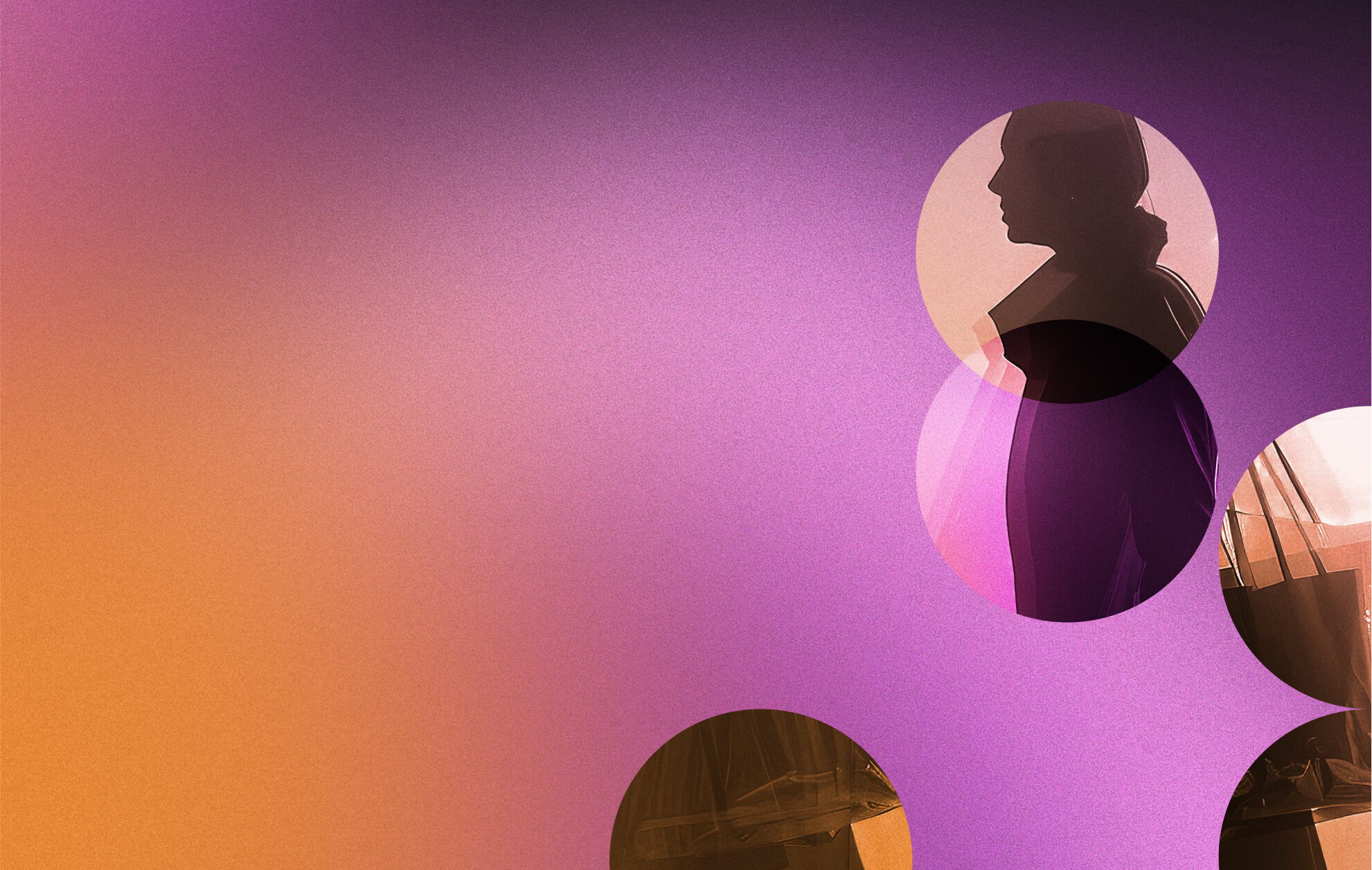 Gradient background with circles layered on top filled with a person carrying shopping bags.