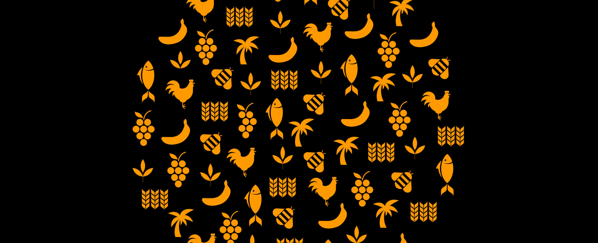 A collection of food icons in orange such as plants. grapes, bananas, chicken, and corn