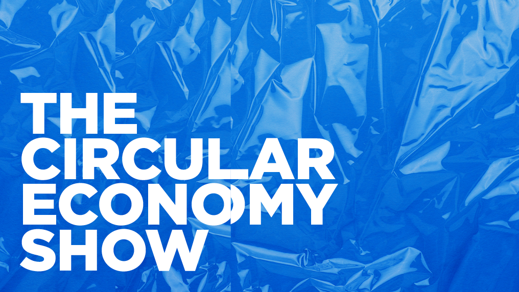 Zoomed in shot of plastic in blue, with circular economy show written in text 