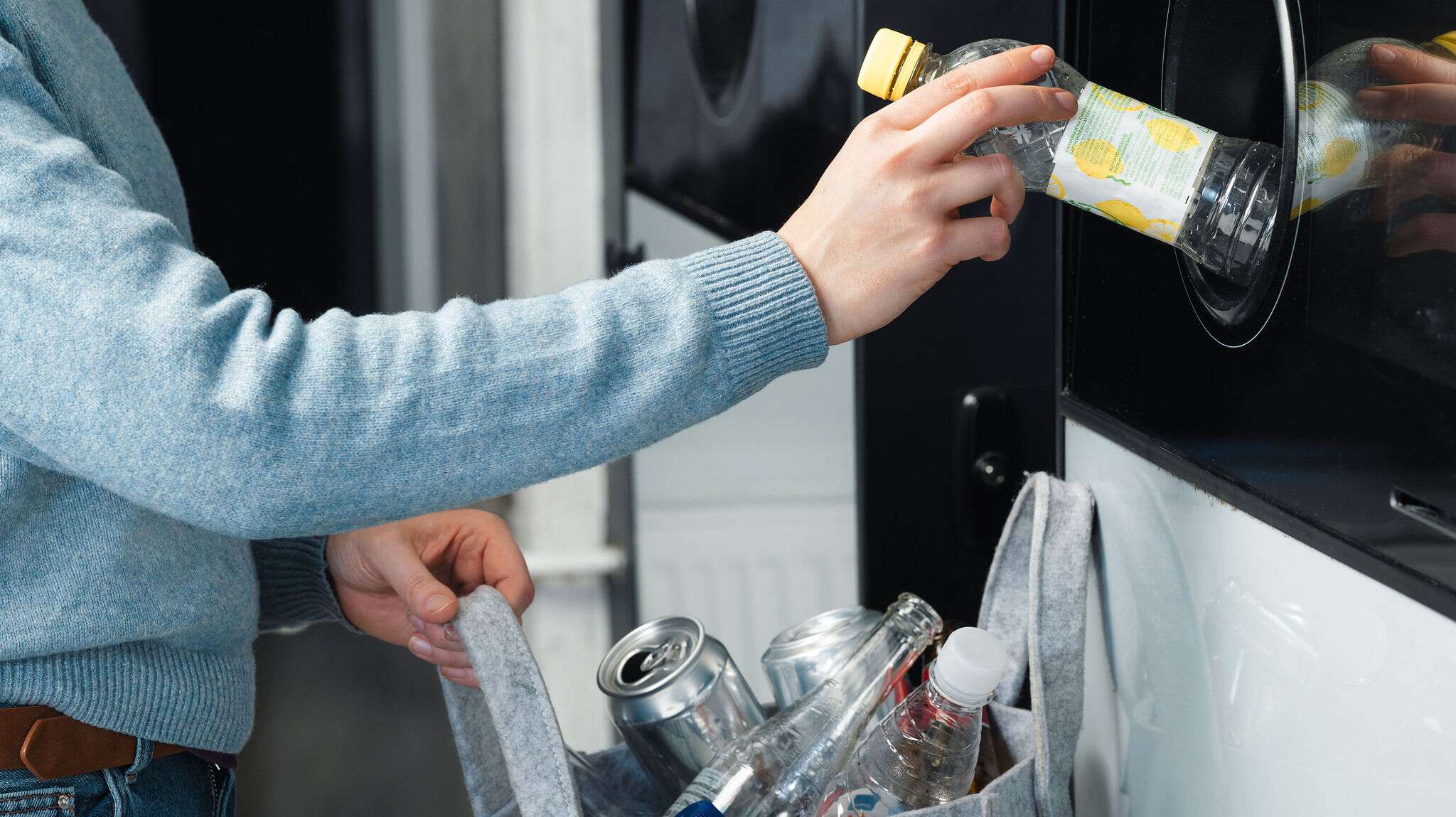 person putting plastic bottle in the bin