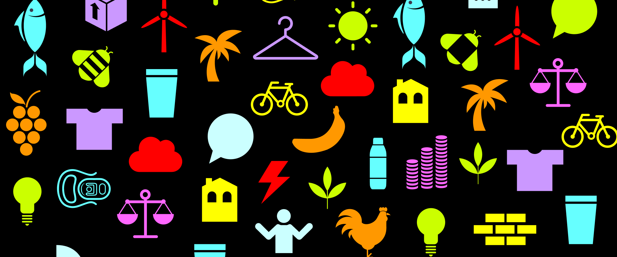 Black background with multiple multi-coloured icons 