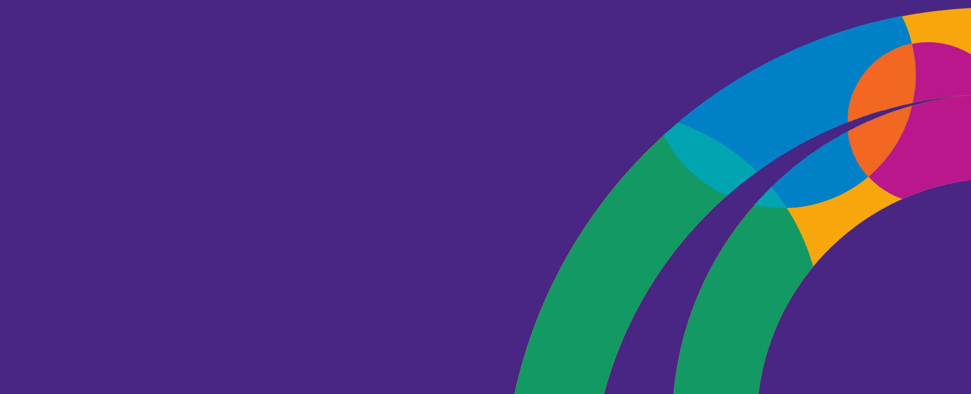Purple background with multicoloured stripe.