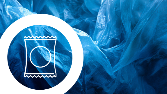 Icon of plastic packaging on a blue flexible plastic