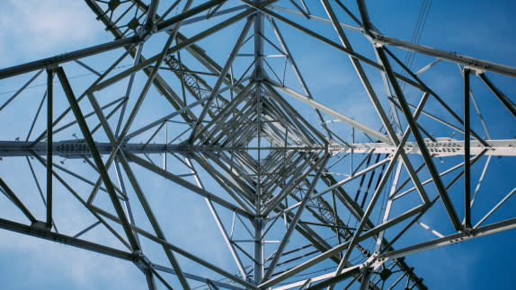 view looking up from underneath an energy tower
