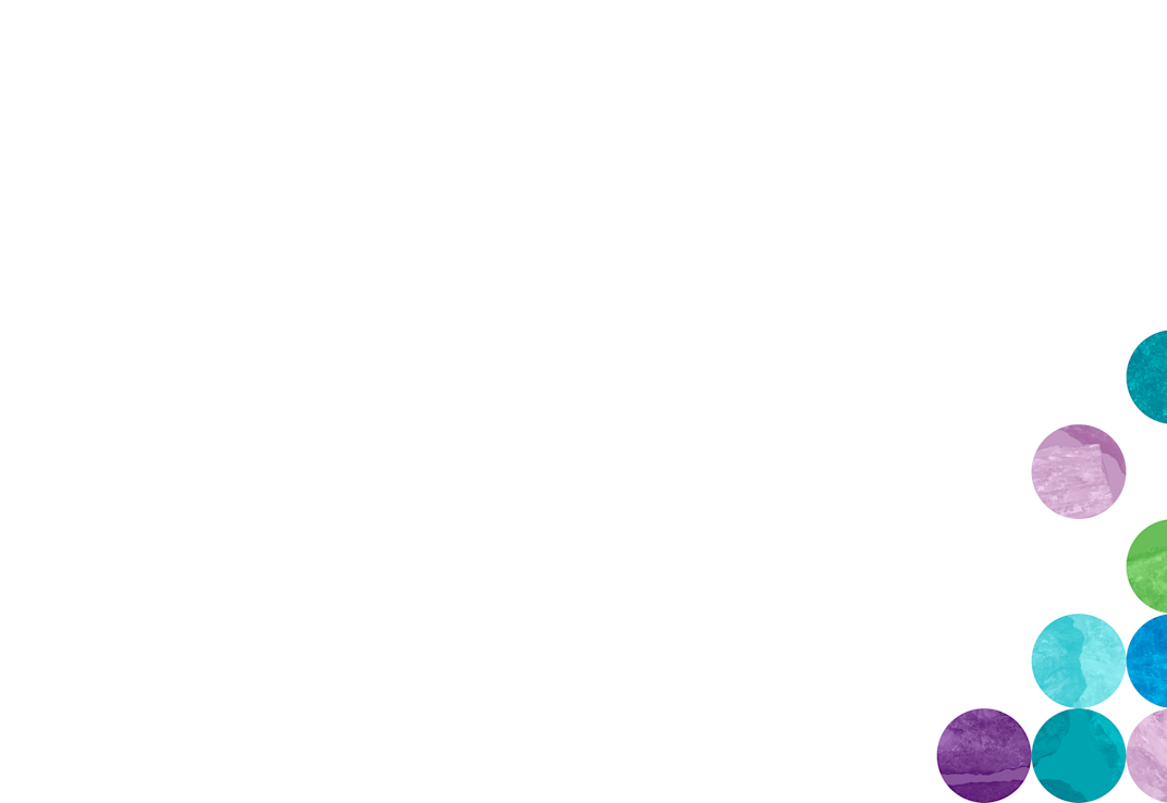 A cluster of textured, semi-transparent, colorful circles arranged in a loose vertical formation on the top left side of a white background. The circles are shades of teal, blue, purple, green, and black, with a few scattered lower down toward the center of the image.