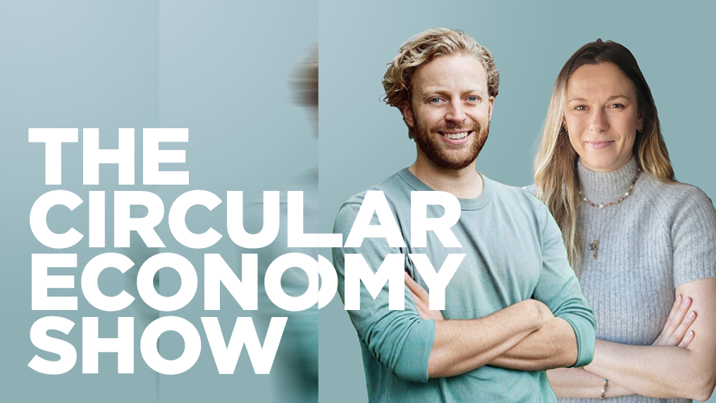 Circular economy show logo, with a light blue background and two people with their arms crossed