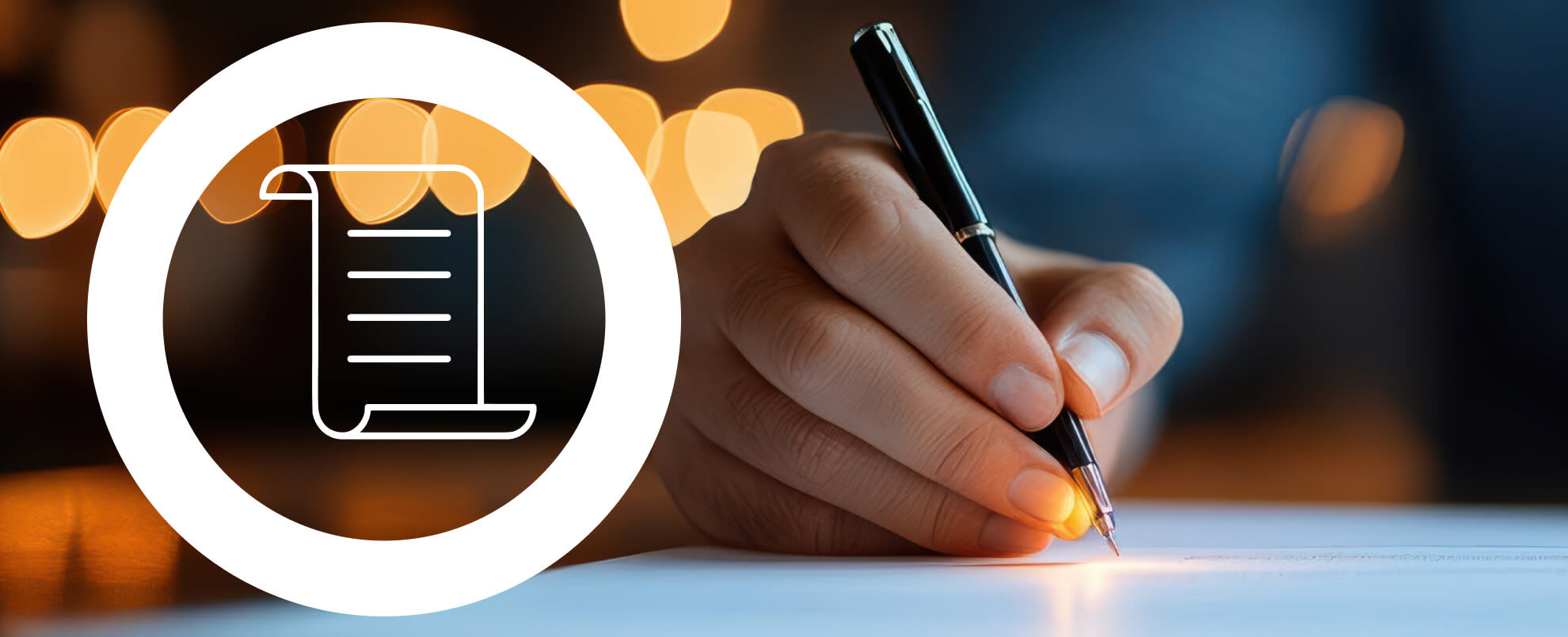 Policy document icon on a picture of a person holding a pen