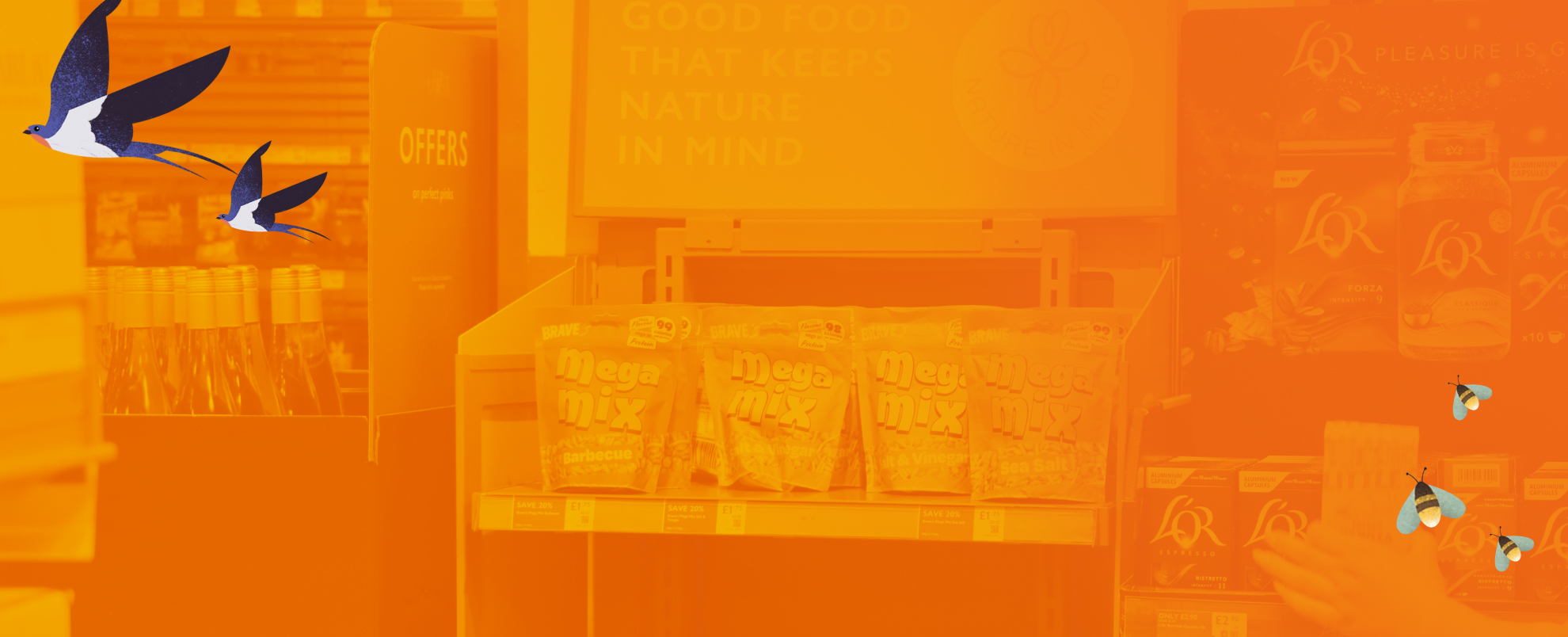 Food products on shelf with orange overlay