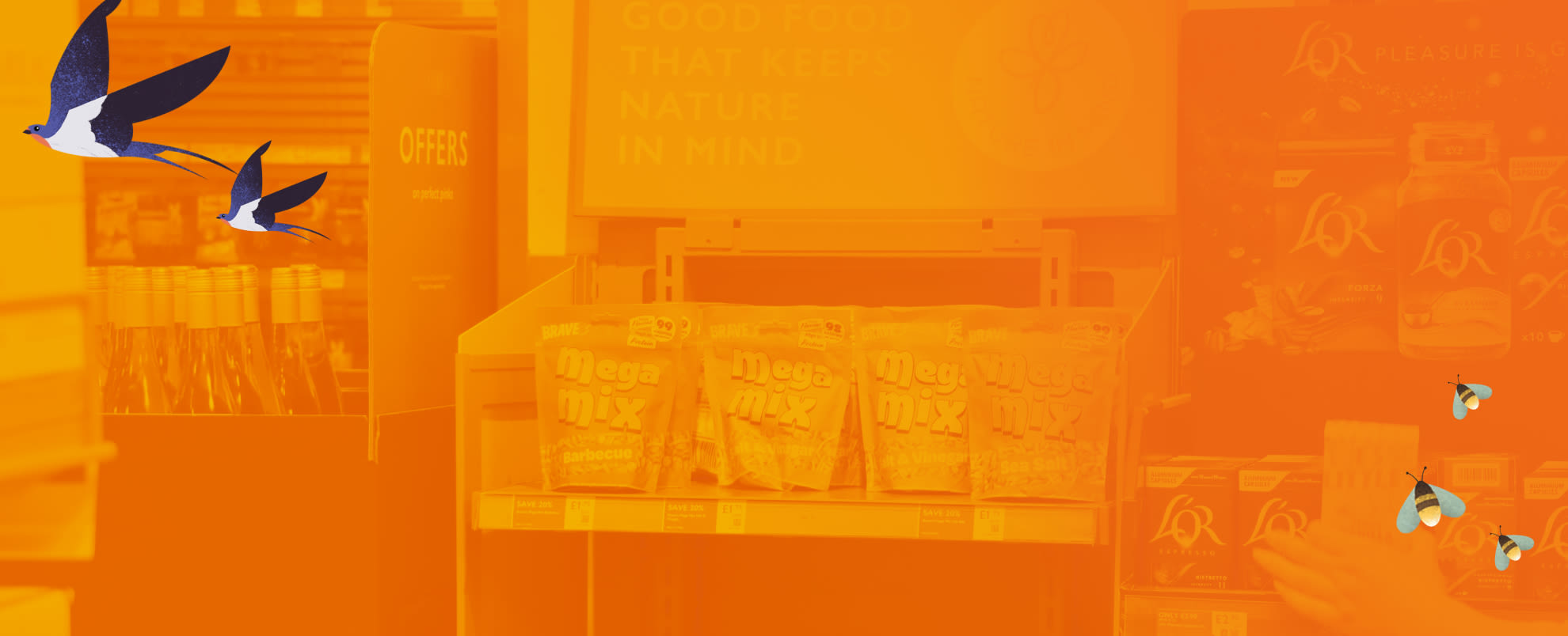 Food products on shelf with orange overlay