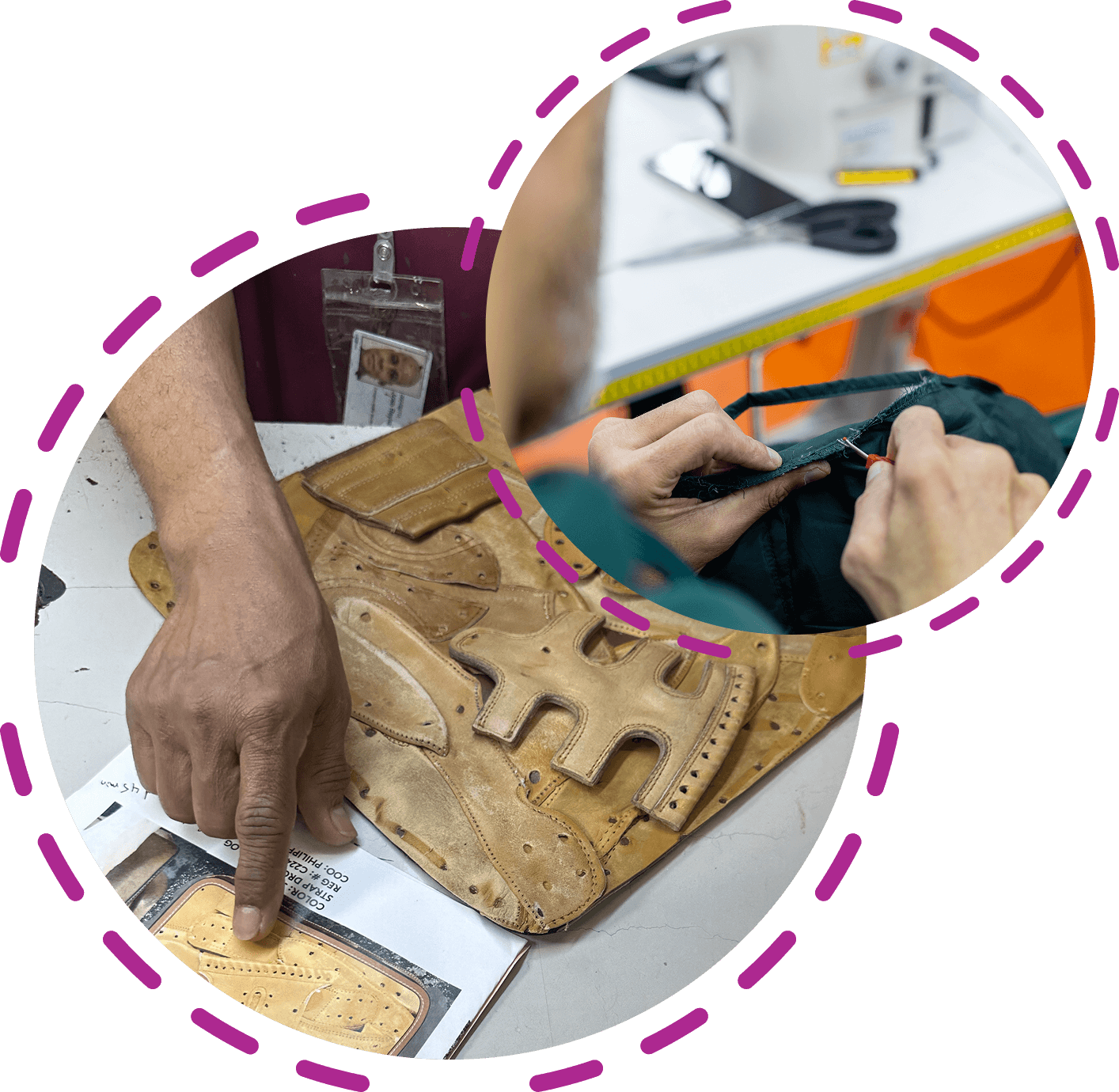 person using leather to produce clothes and a person fixing a seam on a clothing item.