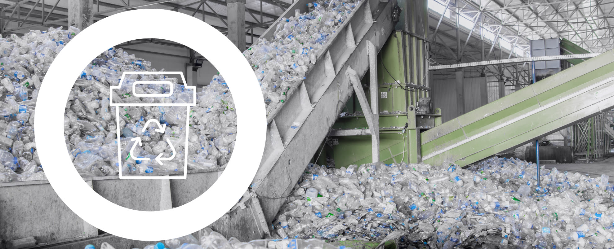 Recycle bin icon on picture of a recycling plant