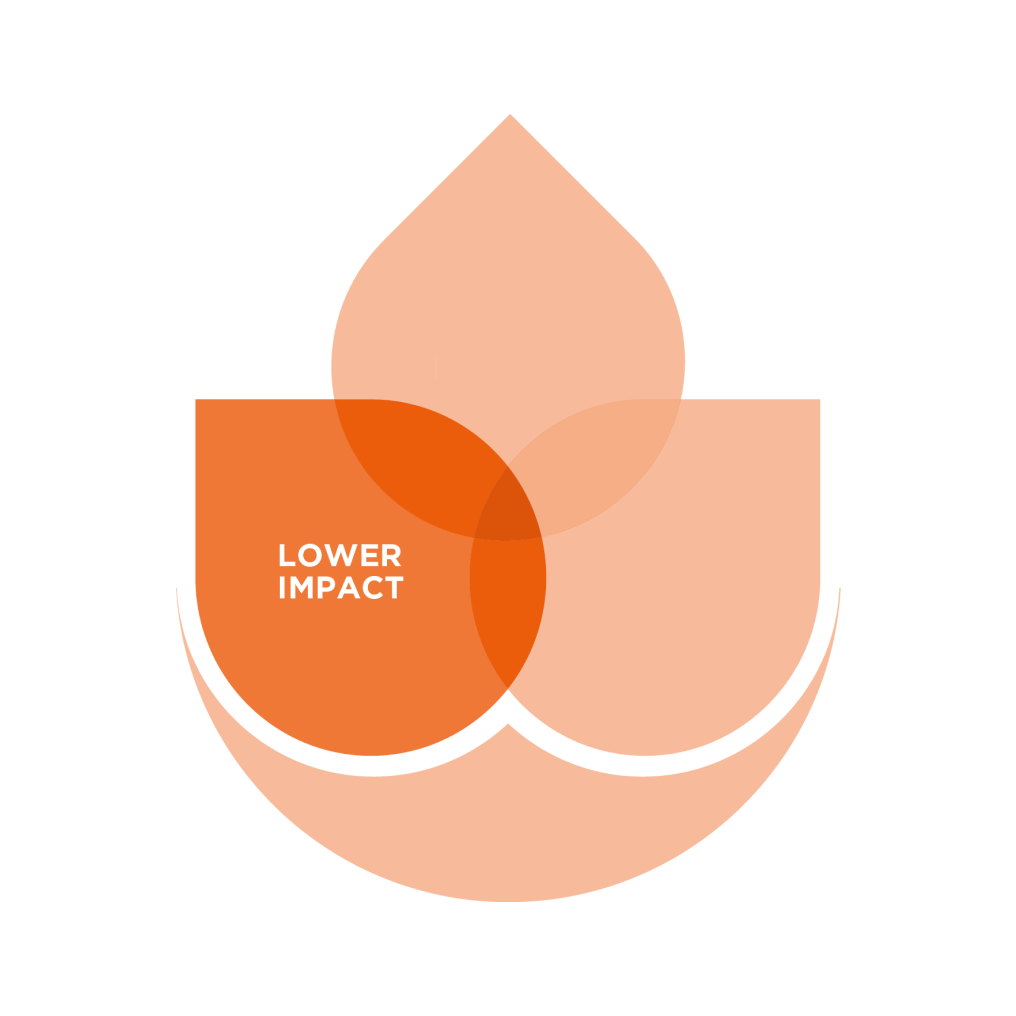Layered circular diagram in shades of orange and peach, with overlapping semi-transparent shapes forming a stylised flower or lotus design. The central orange circle contains the text 'LOWER IMPACT' against a gradient background of orange tones.