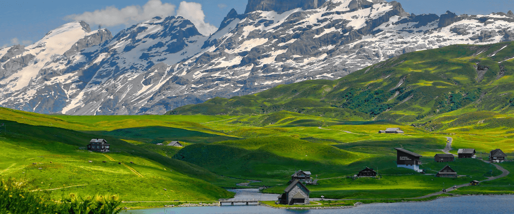 Landscape of mountains and fields
