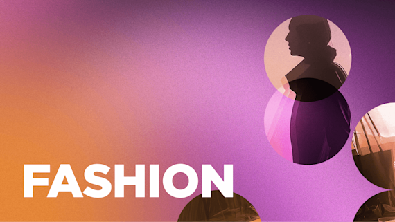 Multicoloured gradient with image of person and shopping bags in circles