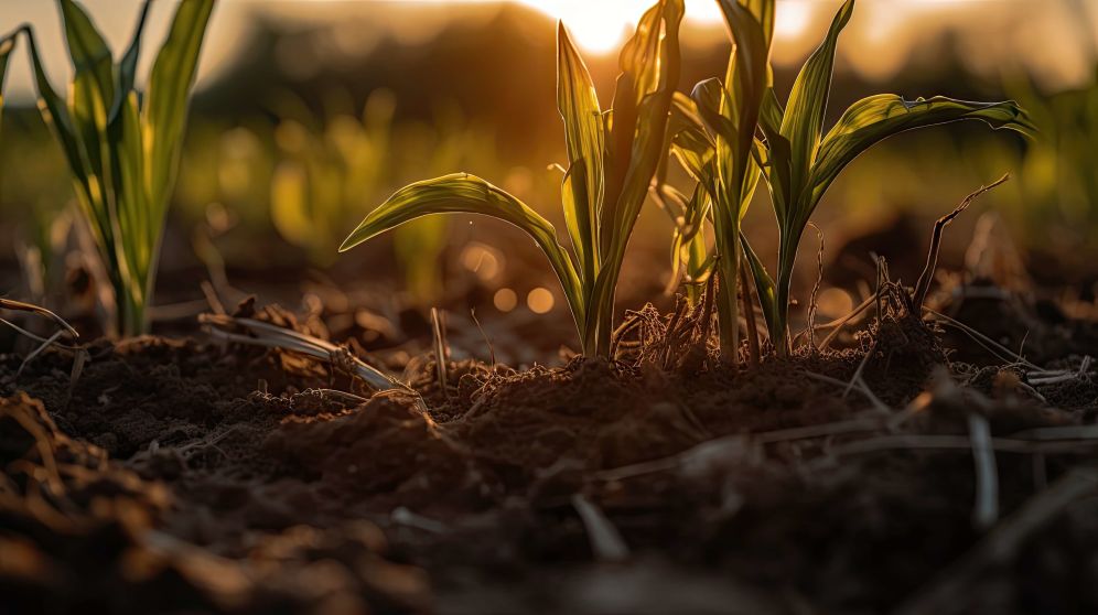 Close up of a plant growing in soil with sunset background.
