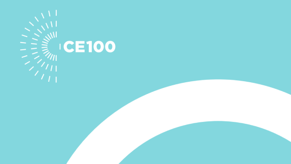 White semi-circle on blue background with CE100 logo