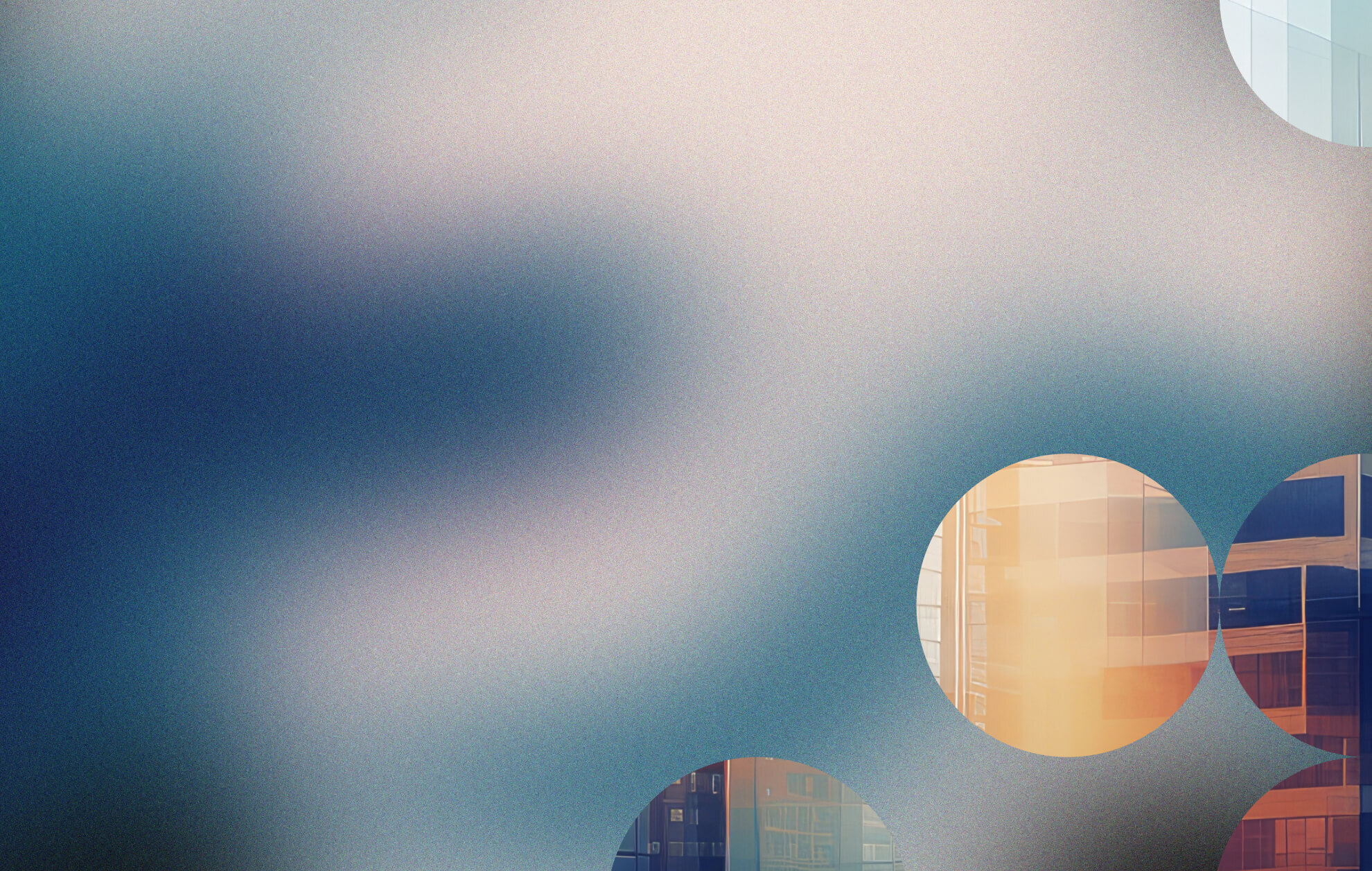 Gradient background with overlayed circles that have a picture of a building inside.