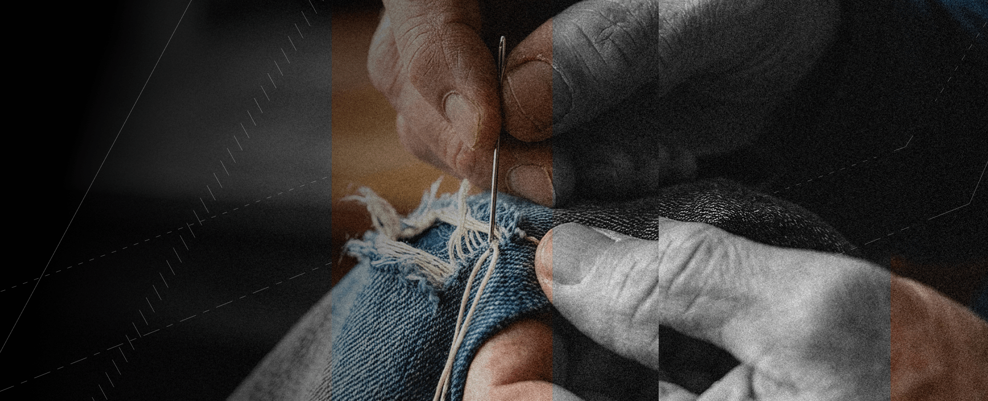 Person mending clothes with needle and thread