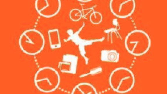 一个人被商业物品包围的抽象插图，包括电话、自行车、椅子