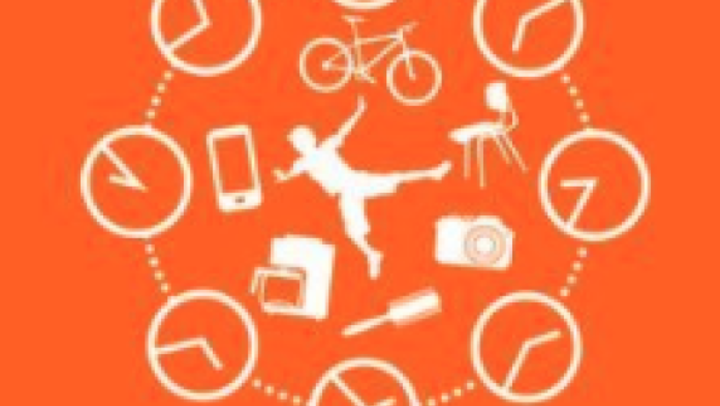 一个人被商业物品包围的抽象插图，包括手机，自行车，椅子