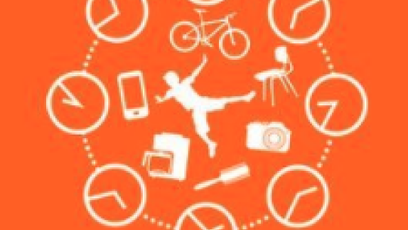 Abstract illustration of a person surrounded by commercial objects including phone, bike, chair