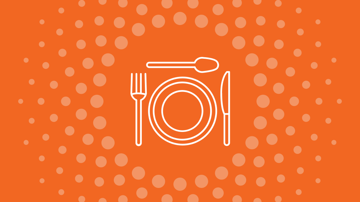 dots on orange background with plate and cutlery illustration