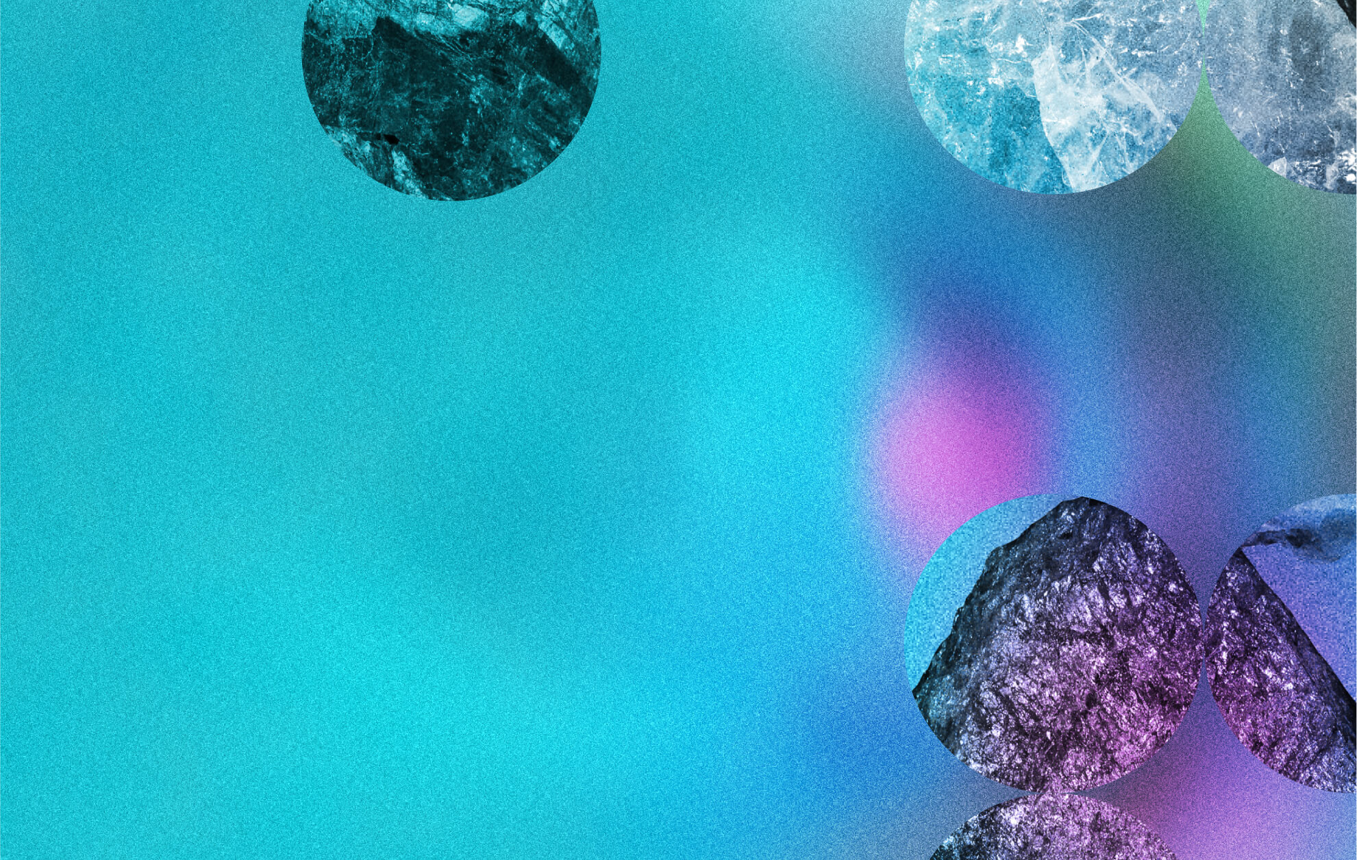 Gradient background with circles overlayed that has minerals and rocks inside.