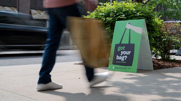 Person walking while carrying a bag
