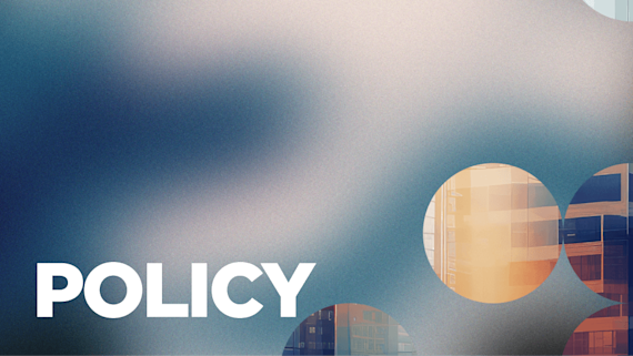 Gradient background with overlayed circles that have a picture of a building inside.