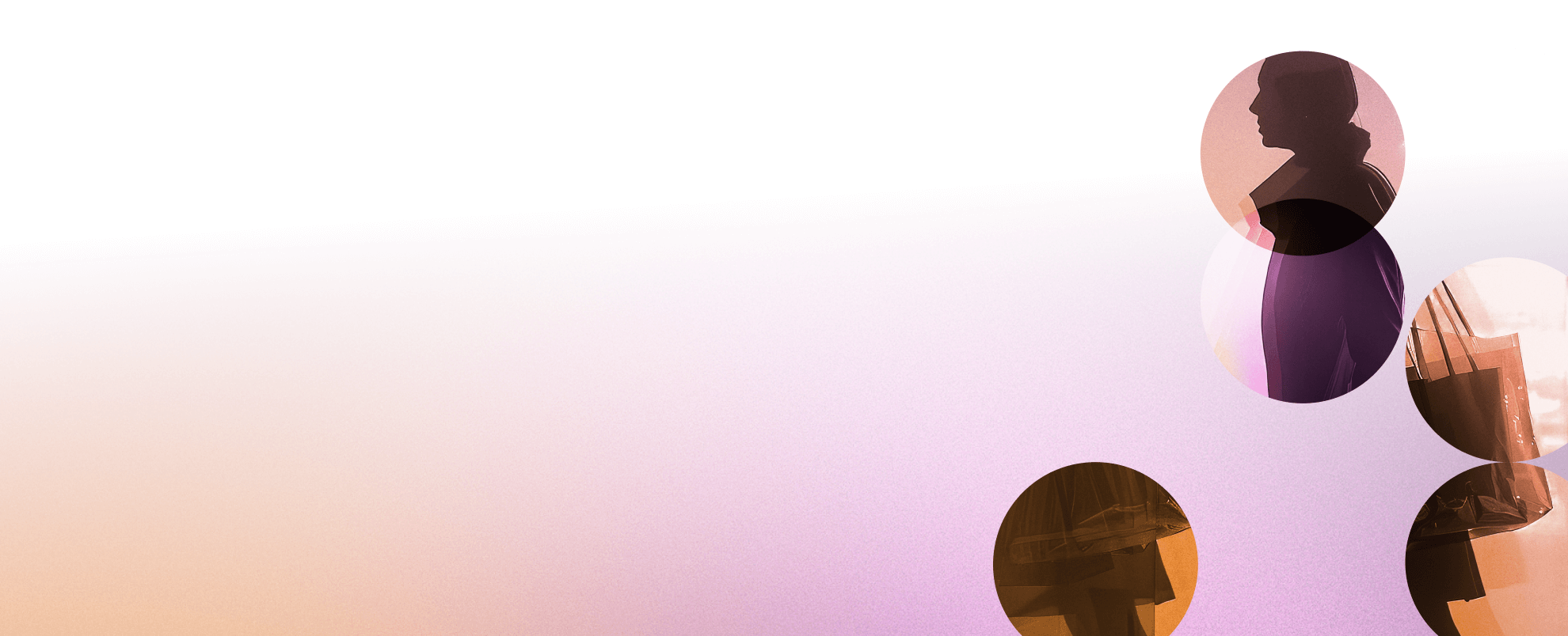 Background multicoloured gradient with a picture of a person holding shopping bags cropped within multiple circles