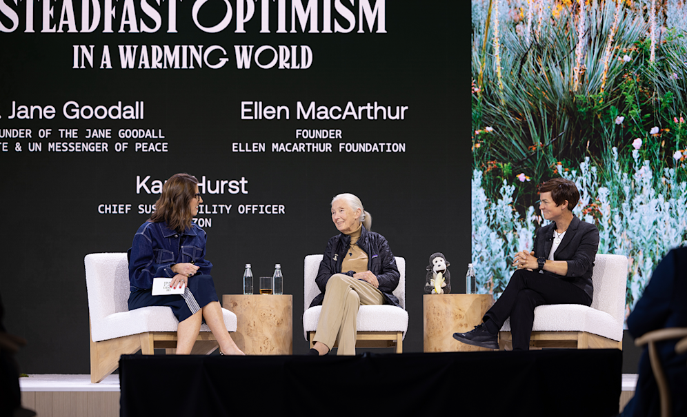 Dame Ellen MacArthur and Jane Goodall with Kara Hurst, CSO, Amazon, at the Climate Pledge Summit