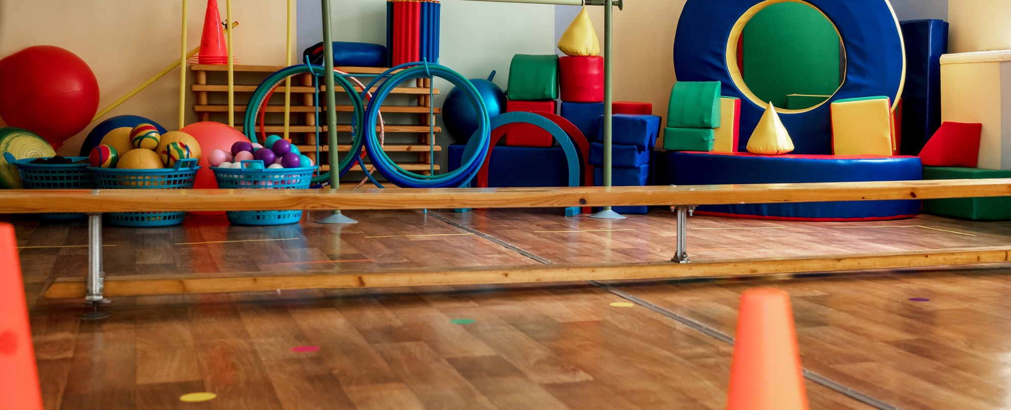 School of rehabilitation centre gym interior with sport equipment. Workout and training concept.