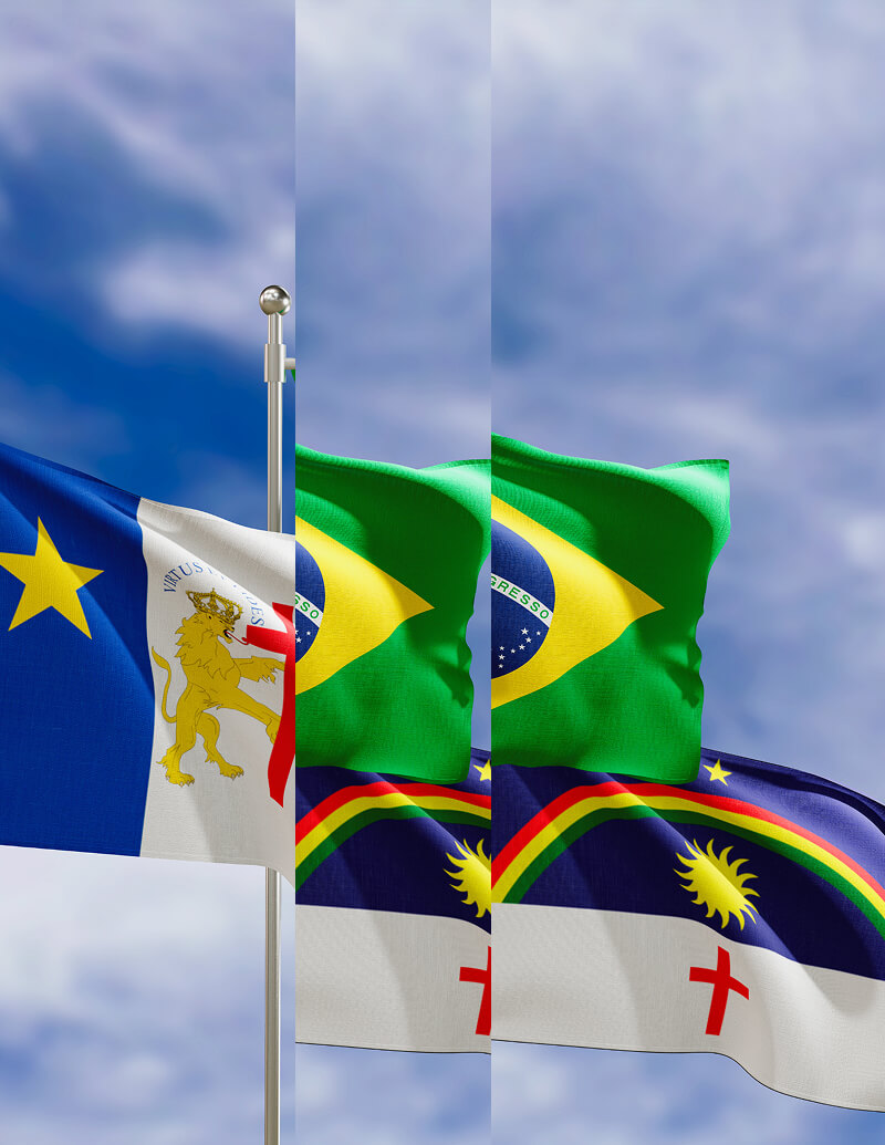 Official flags of the country Brazil, state of Pernambuco and city of Recife. Swaying in the wind under the blue sky