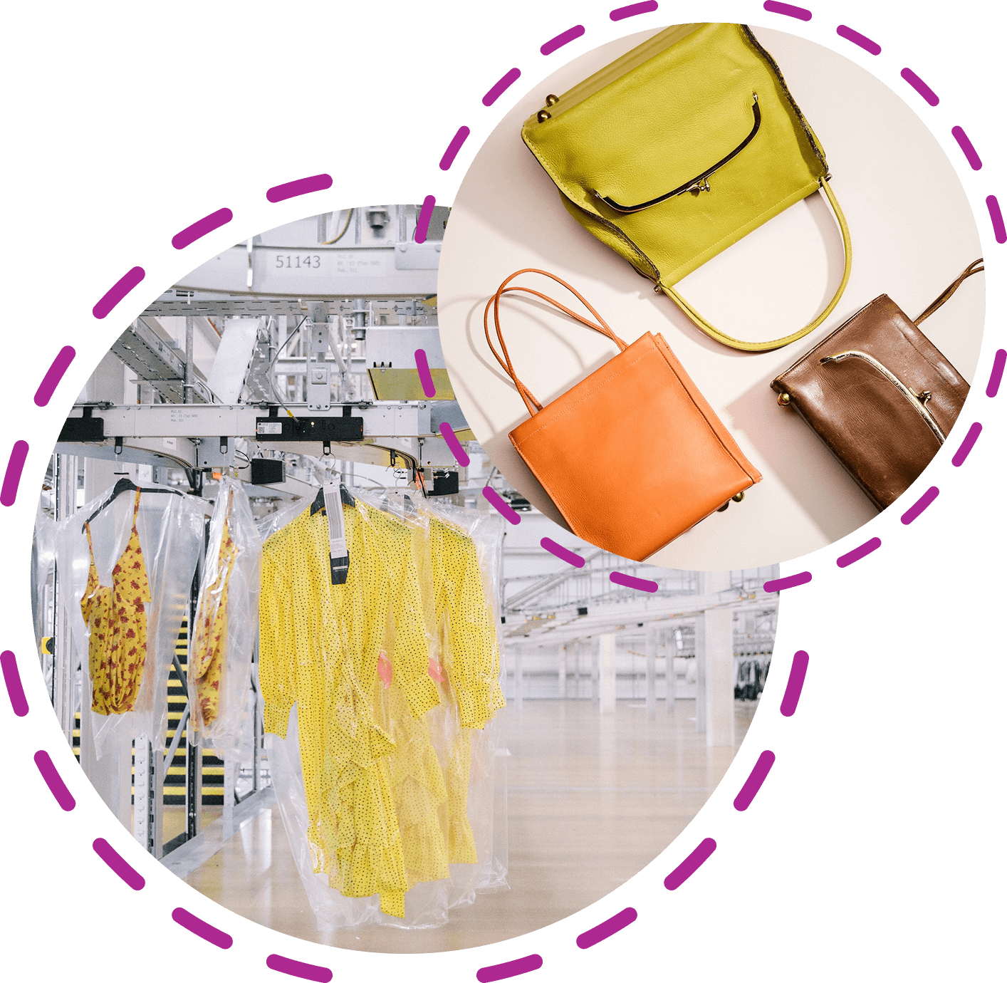 Picture of 3 bags and also a dress in a factory