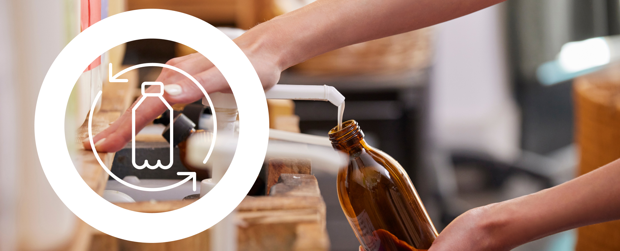 Plastic bottle icon on top of a picture of a person refilling a bottle