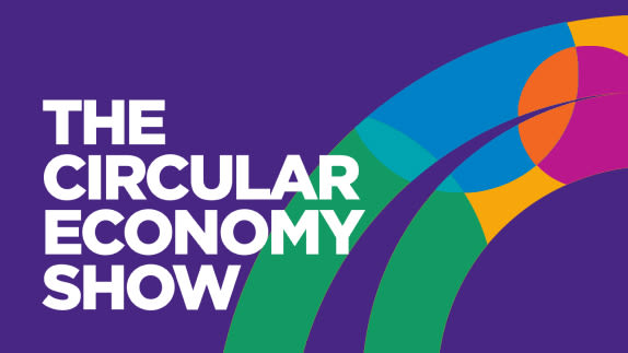 Purple background with multicoloured stripe, with the words 'The circular economy show' across the image. 