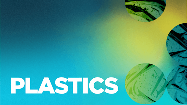 Gradient background with circles overlayed that have a close up picture of plastic packaging inside.