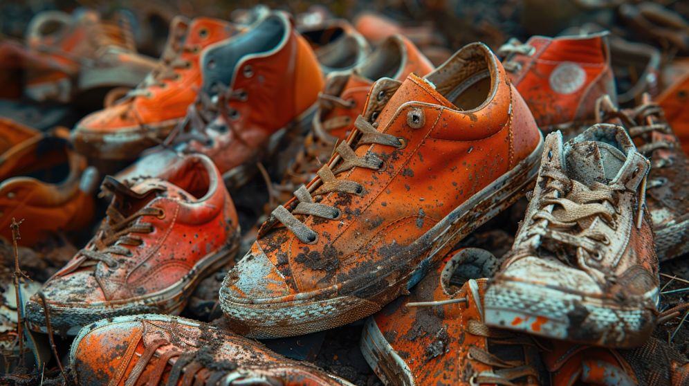 A pile of muddy, well-worn shoes in a variety of styles and colors, showcasing wear and tear from heavy use and outdoor activities.