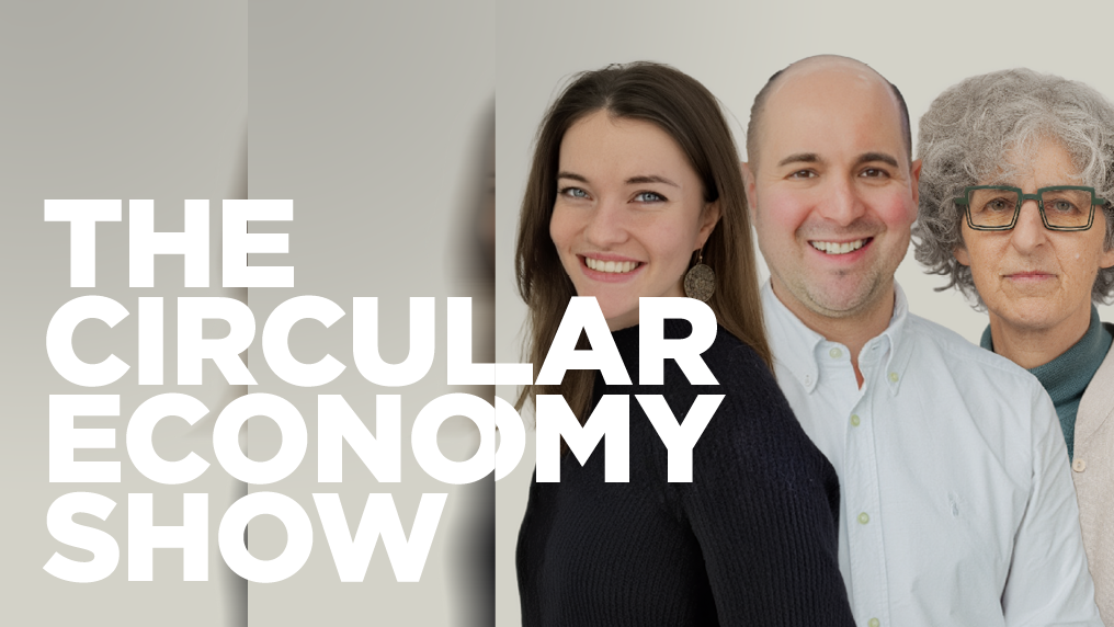 Circular economy show logo with three people in the foreground, with a beige background 