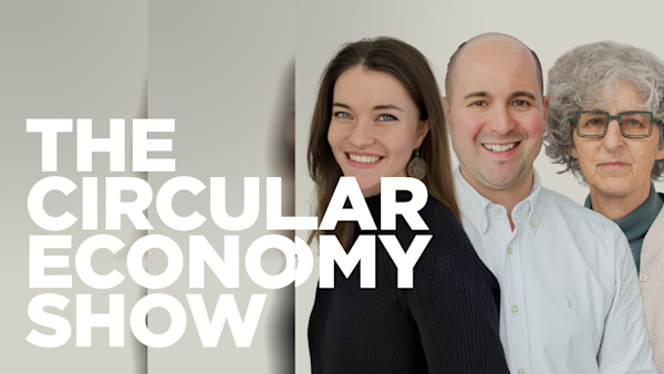 Circular economy show logo with three people in the foreground, with a beige background