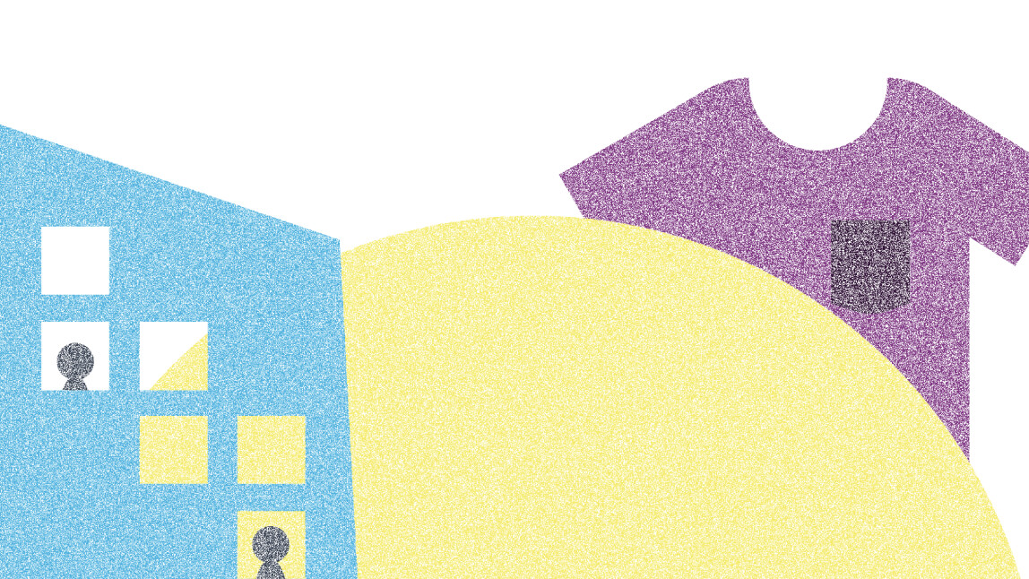 Illustration of building, t-shirt and yellow circle