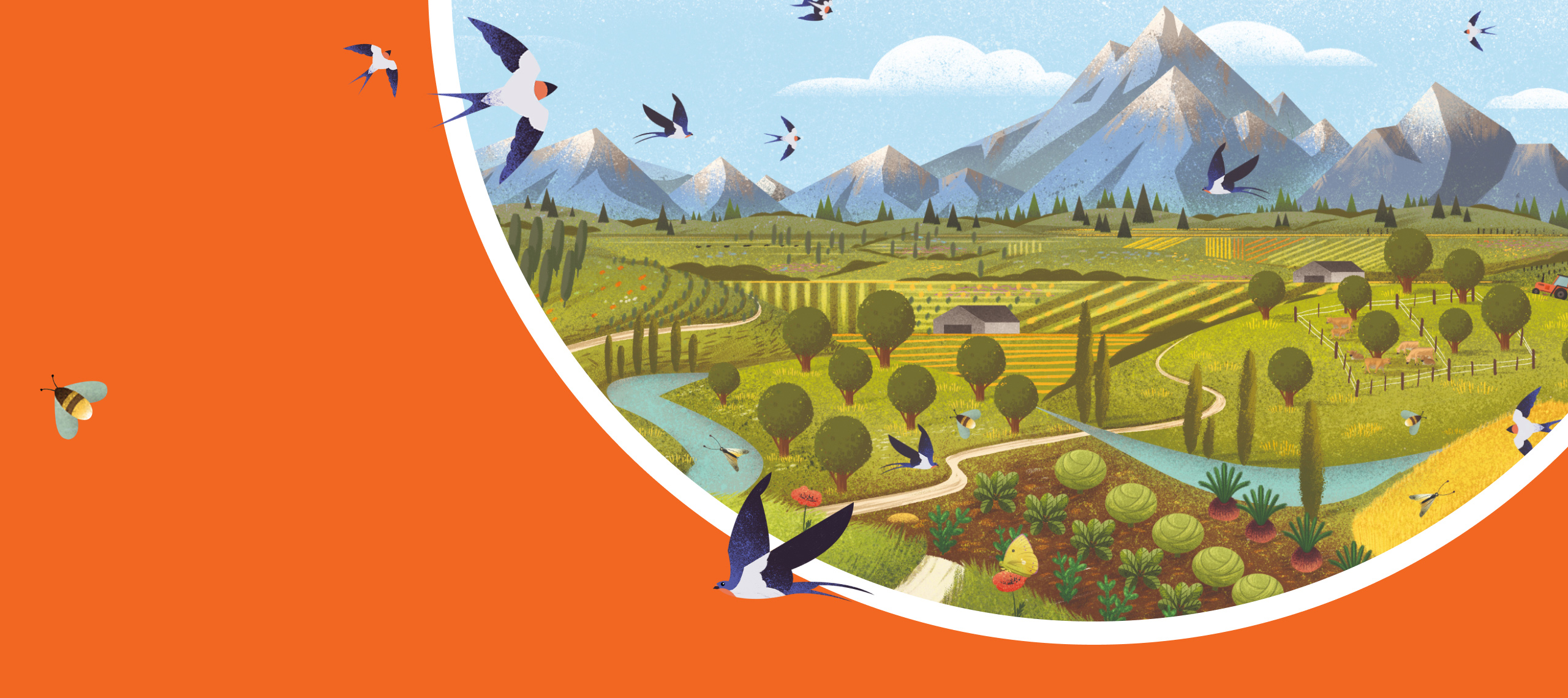 Illustration of mountains and fields with wildlife 