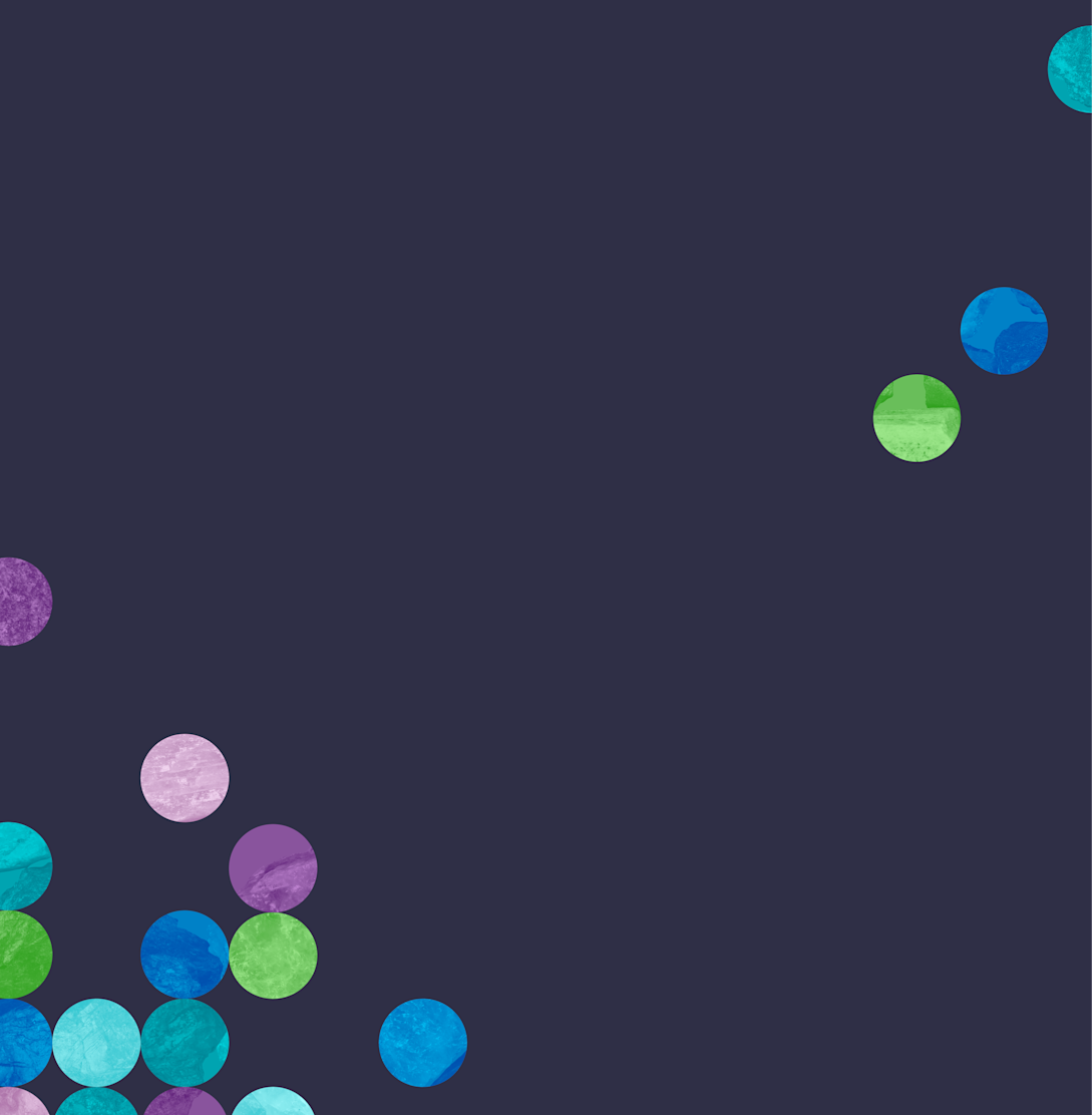 A cluster of textured, semi-transparent, colourful circles arranged in a loose vertical formation on the top left side of a white background. The circles are shades of teal, blue, purple, green, and black, with a few scattered lower down toward the center of the image.