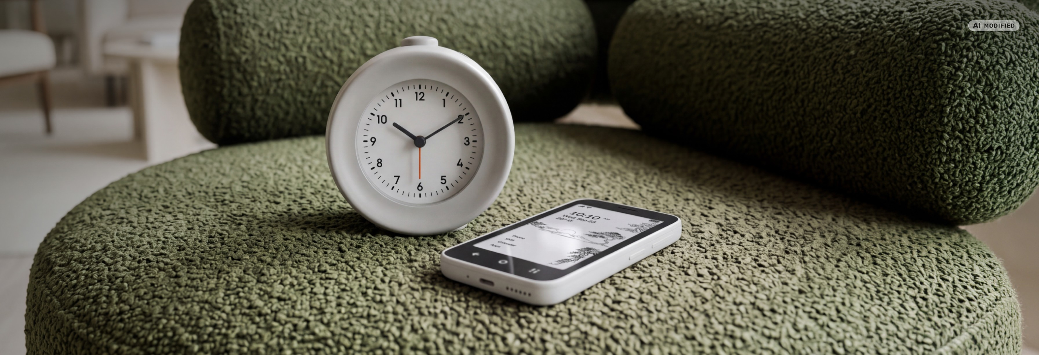 A Mudita Bell 2 alarm clock and a Mudita Kompakt phone on a green bouclé sofa (desktop)