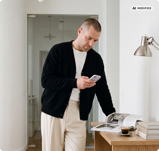 Man checking his phone at home