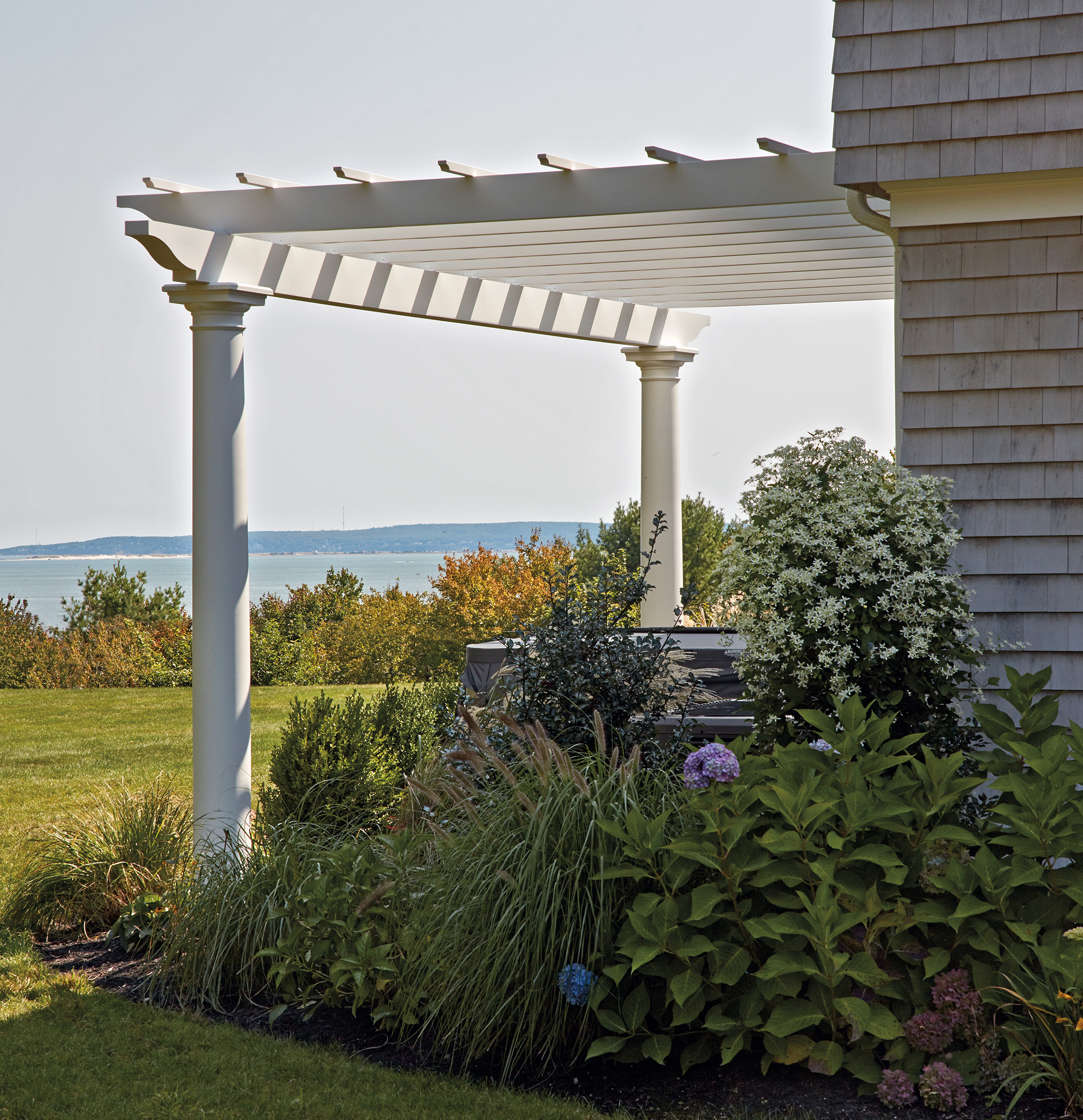 Straight Top Attached Pergola, Round Columns | Walpole Outdoors