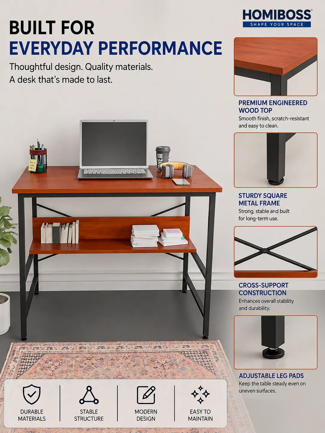 Homiboss Ertiga Metal Computer & Study Table with Storage Shelves thumbnail 10